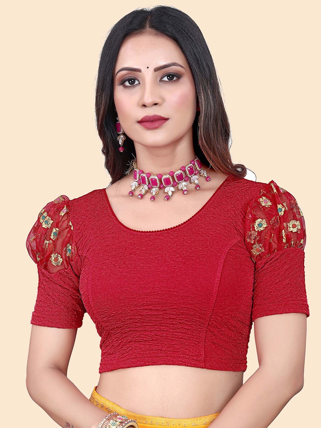 

SHREEJI DESIGNER Woven Design Ready Made Stretchable Saree Blouse, Red