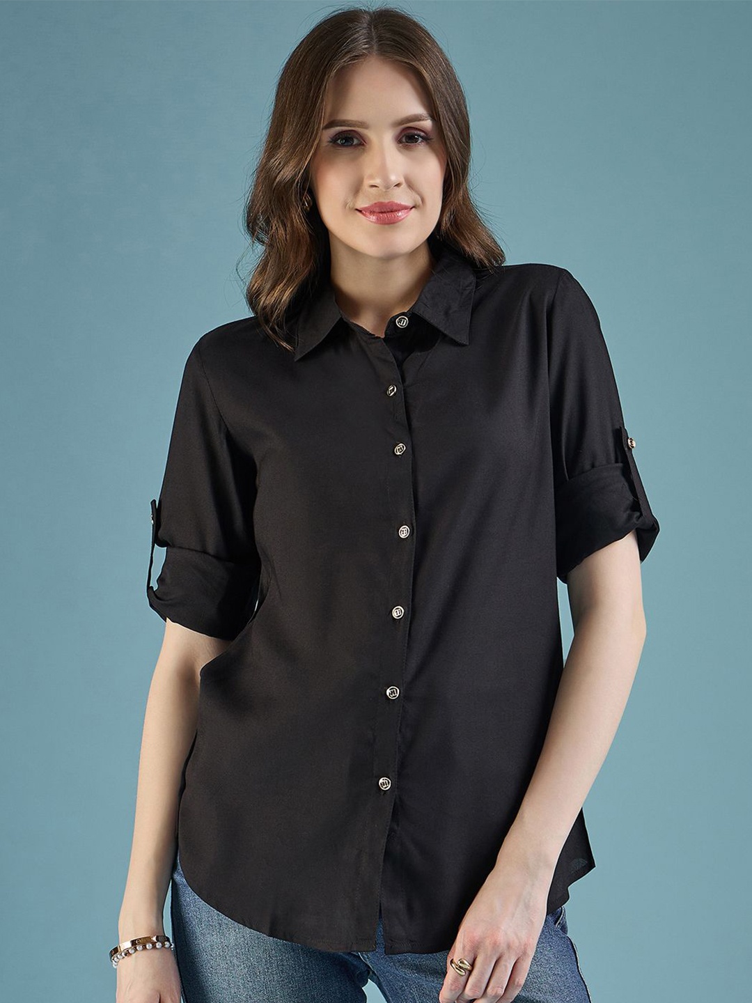

DressBerry Women Classic Spread Collar Solid Casual Shirt, Black