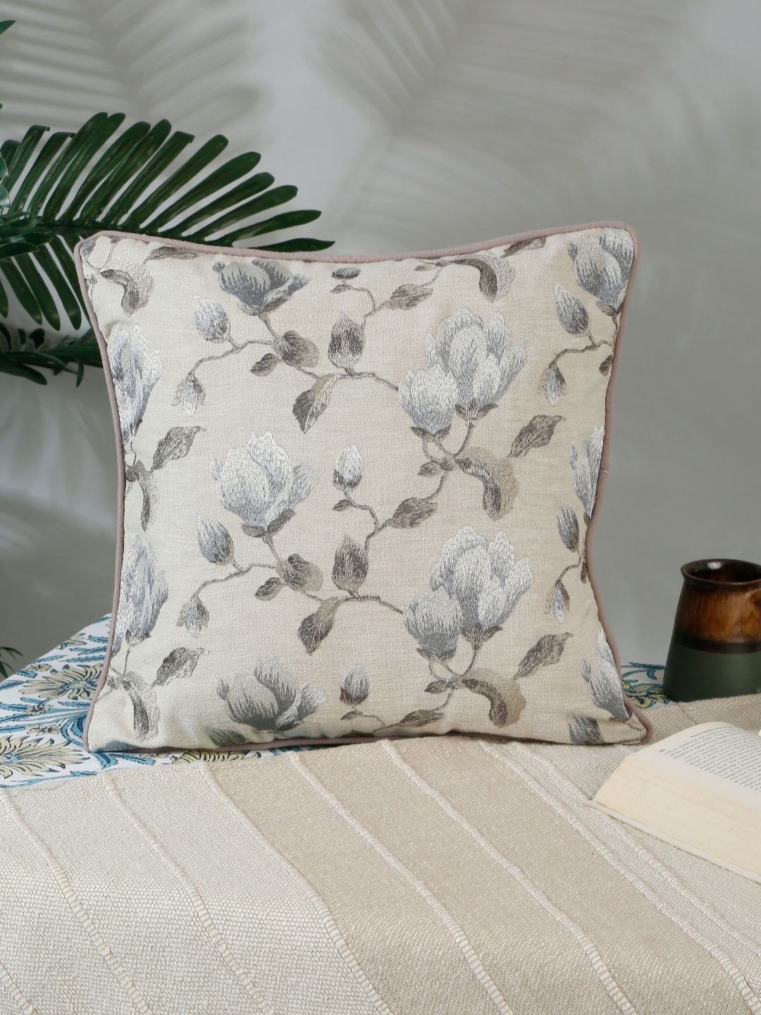 

NISRAG HOME Grey Floral Printed Cotton Square Cushion Cover