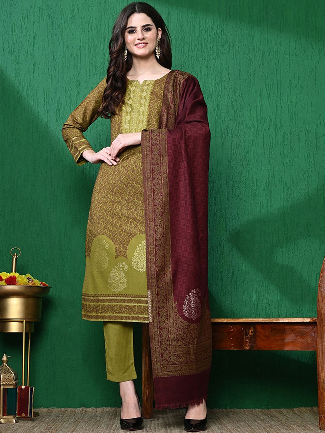 

Sangria Floral Woven Design Winter Pashmina Kurta & Trouser With Dupatta, Olive