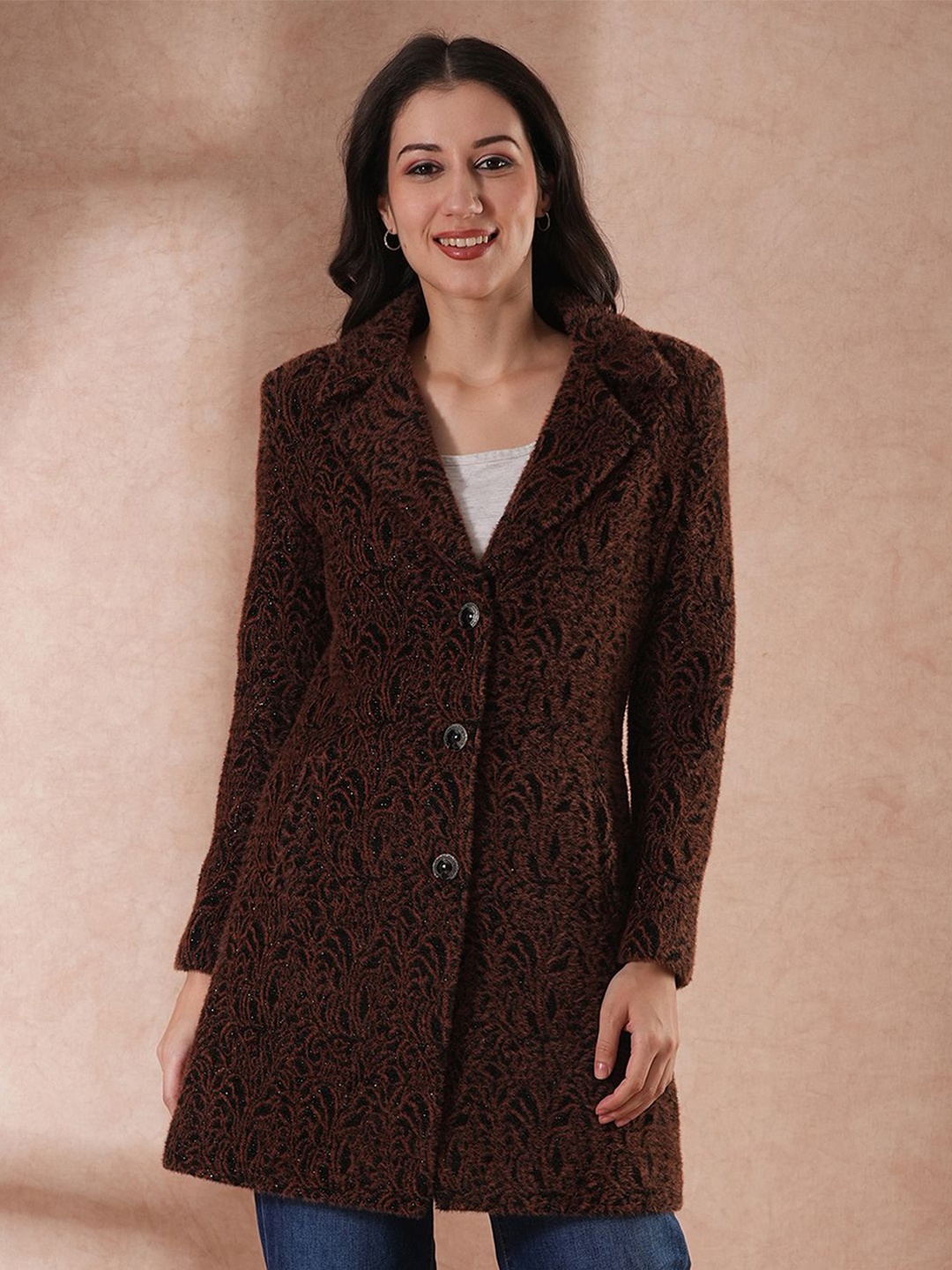 

Globus Women Notched Lapel Self Design Tailored Fit Winter Wear Overcoat, Brown