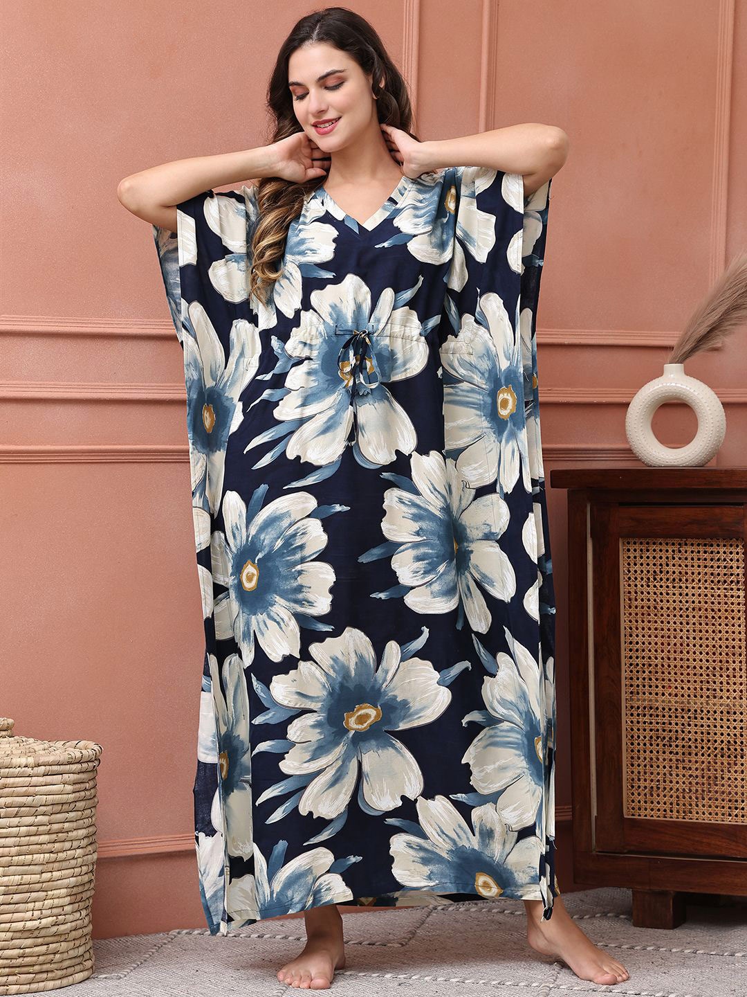 

Claura Women Floral Printed Kaftan Maxi Nightdress, Navy blue