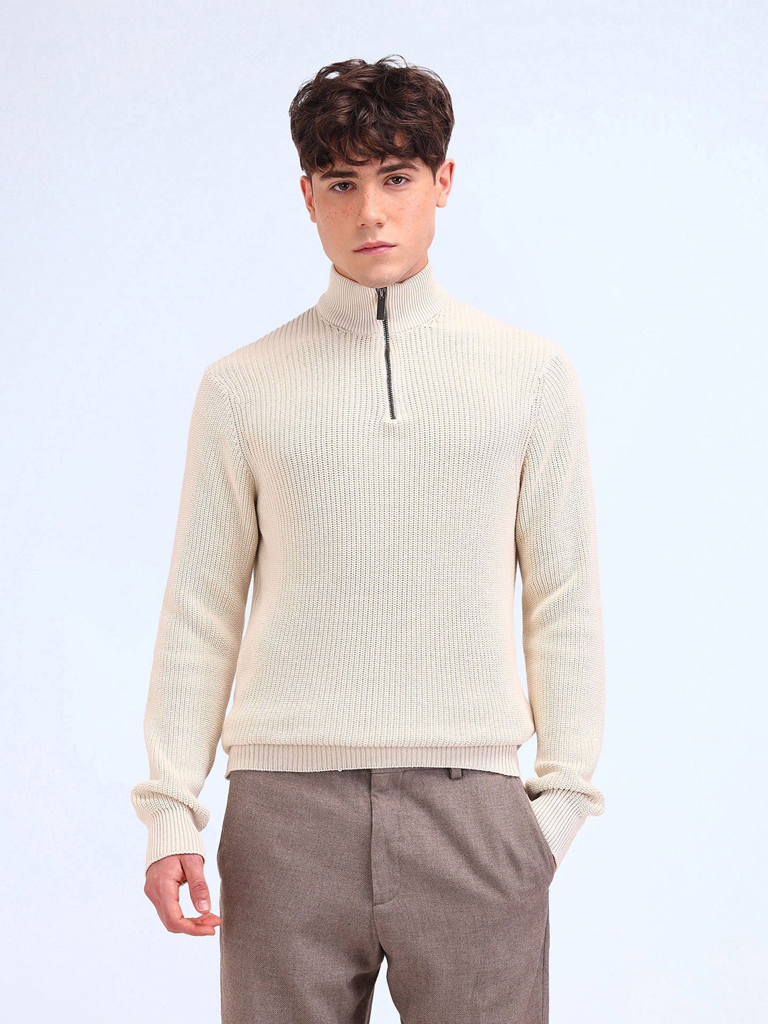 

Flying Machine Men Mock Collar Half Zipper Ribbed Pullover, White