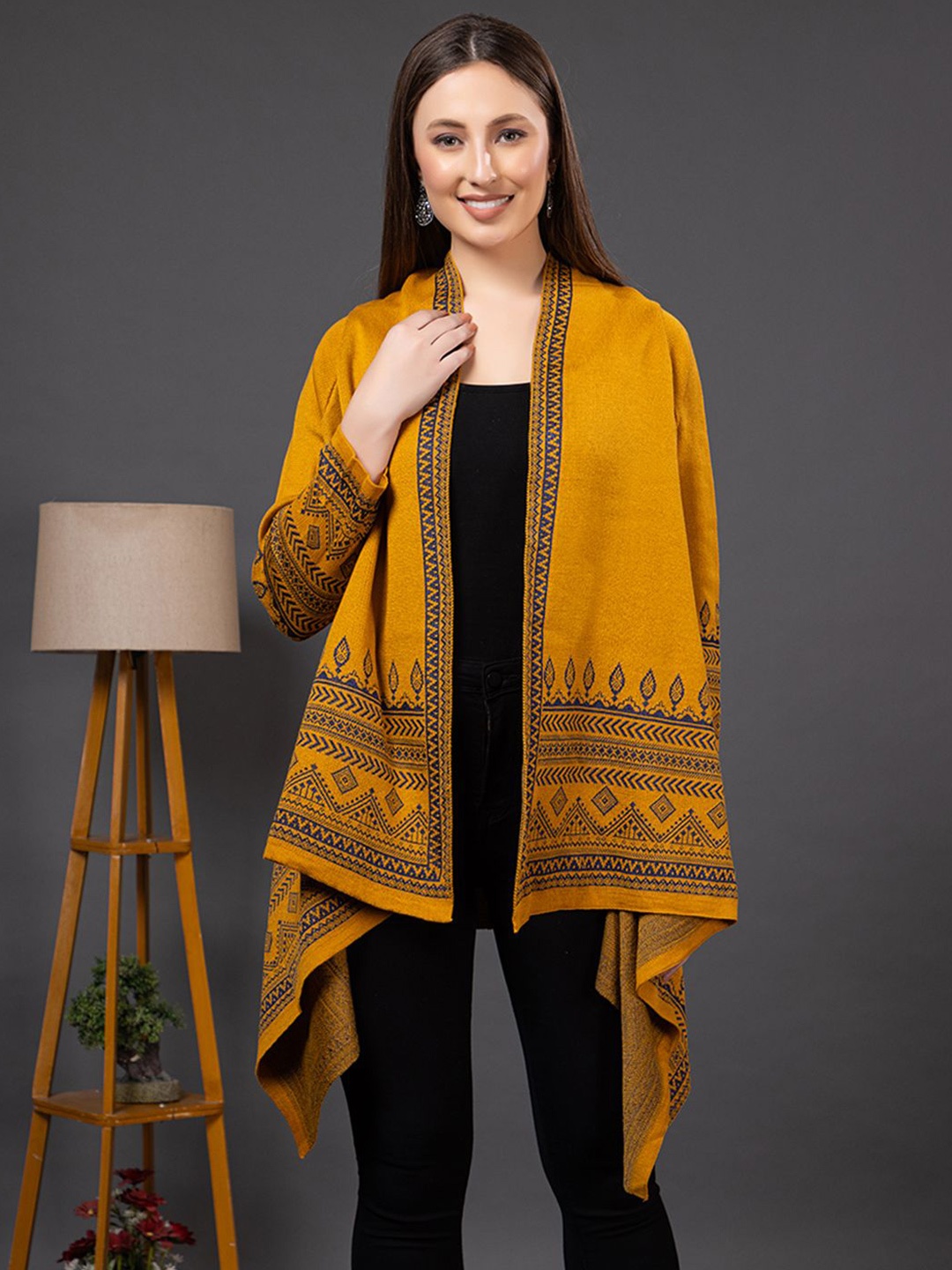 

Anouk Mustard Yellow Ethnic Motifs Printed Open Front Shrug