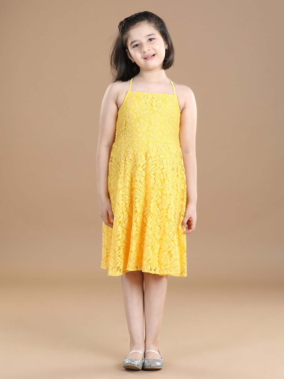 

Hola Bonita Girls Self Design Lace Fit & Flare Dress, Yellow