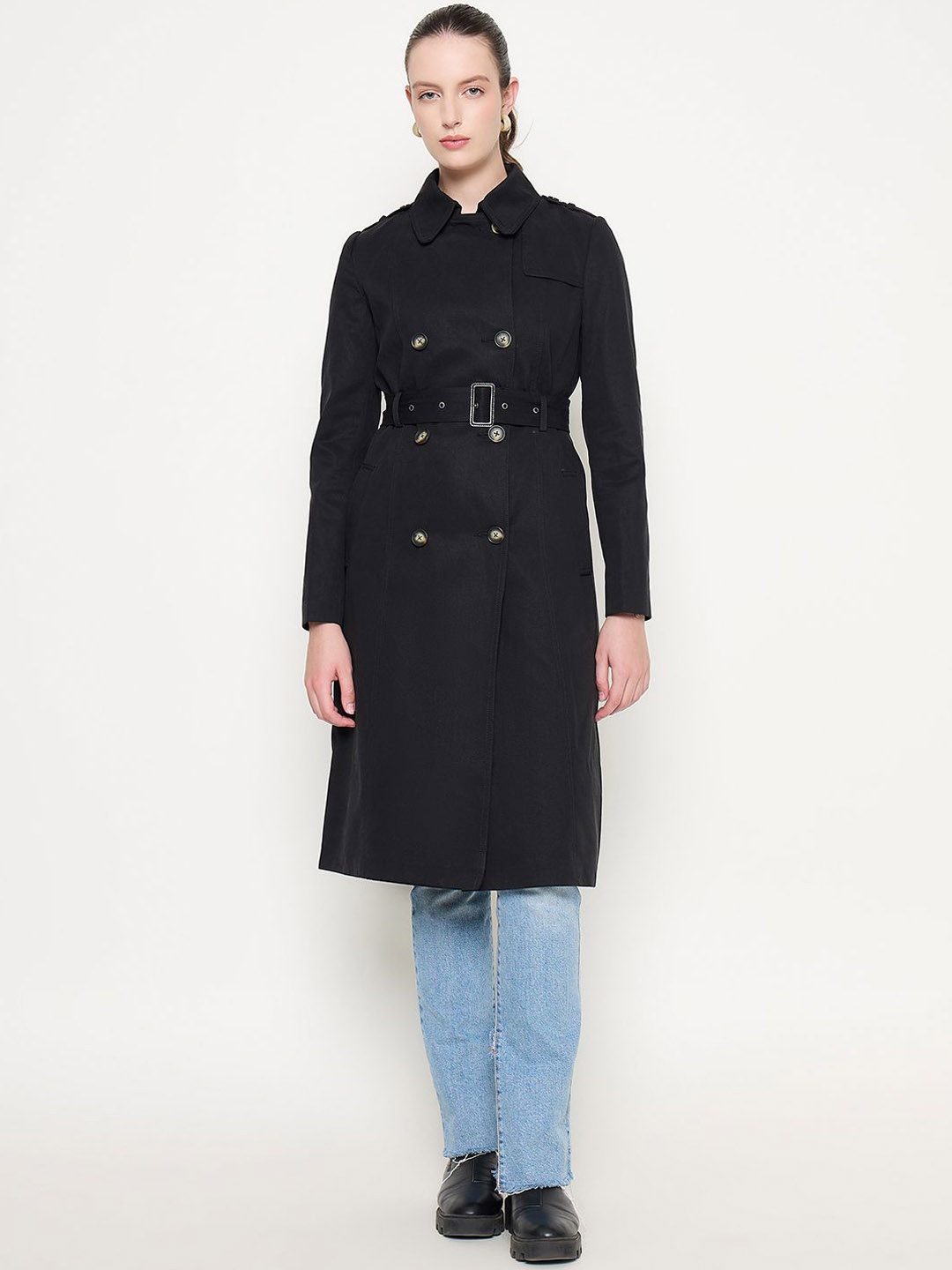 

Madame Women Single-Breasted Long Trench Cotton Coat, Black