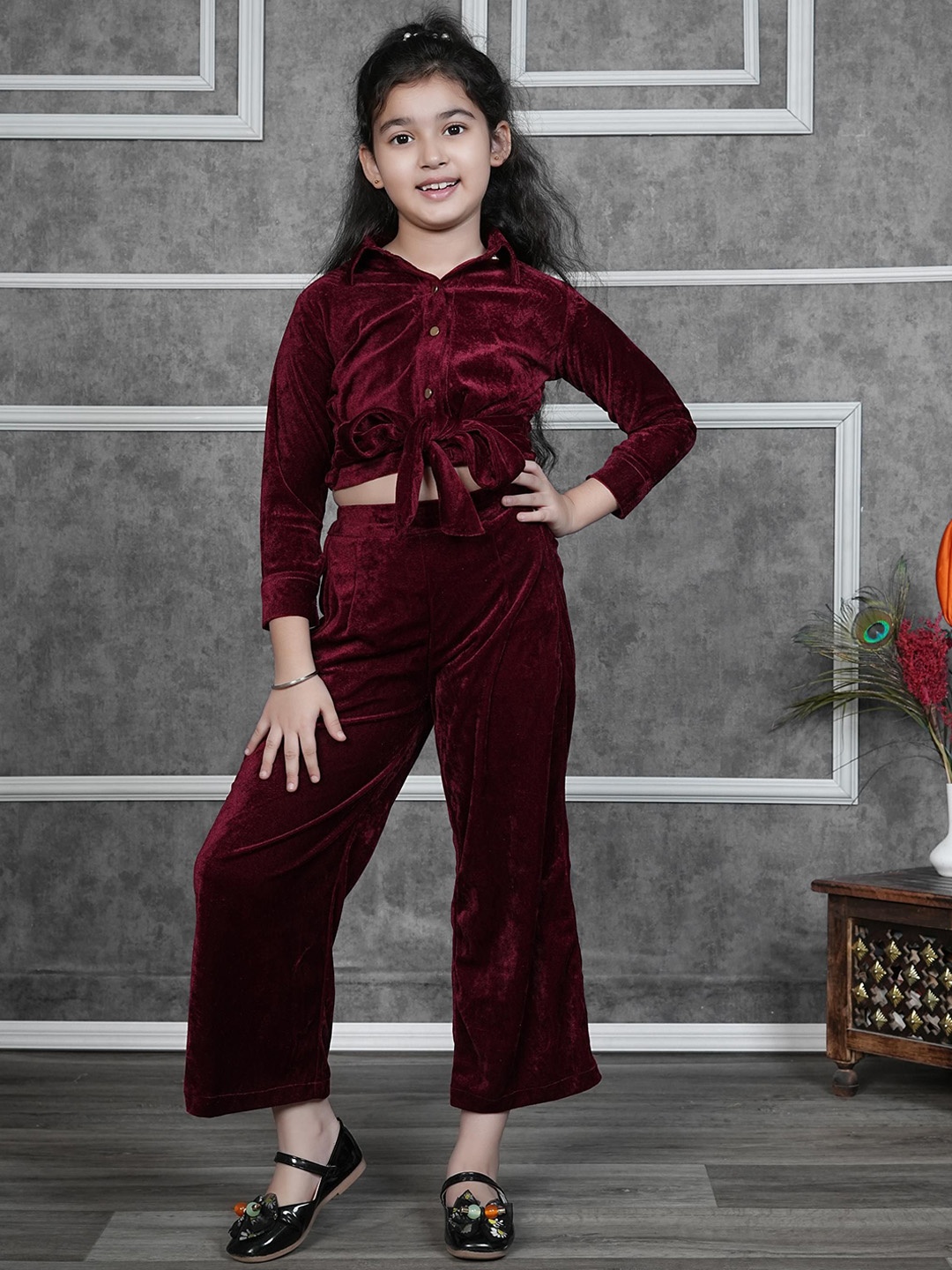 

BAESD Girls Velvet Shirt With Trousers, Maroon