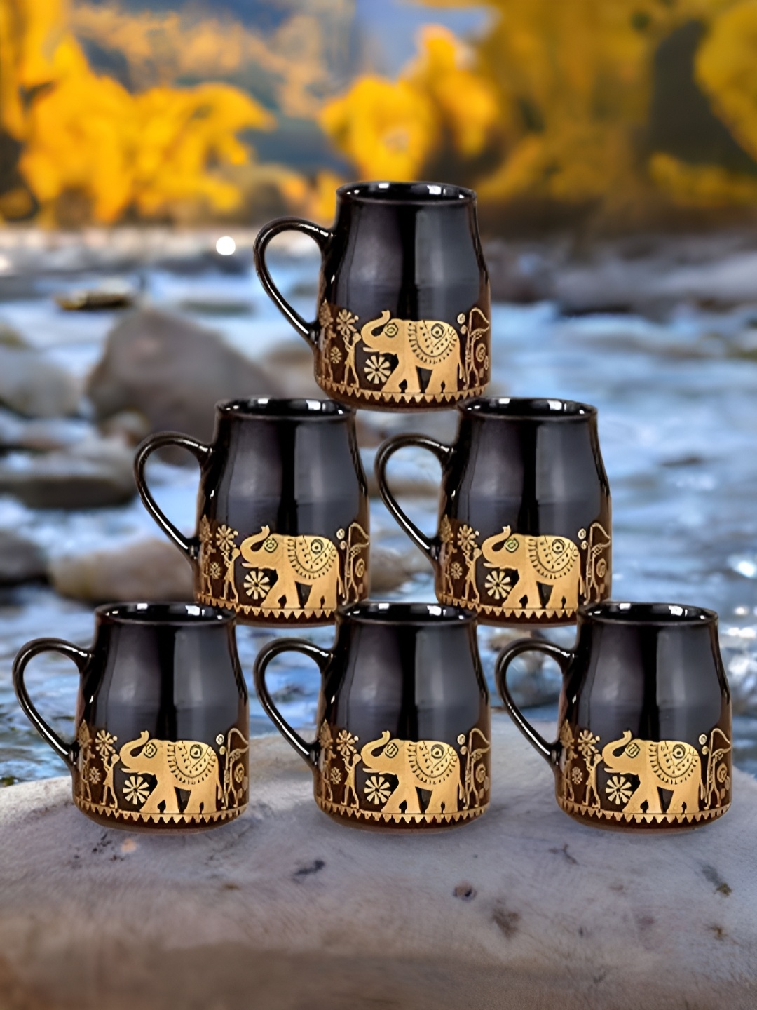 

MITHILA Handicrafts Black & Gold-Toned 6 Pieces Printed Ceramic Glossy Mugs