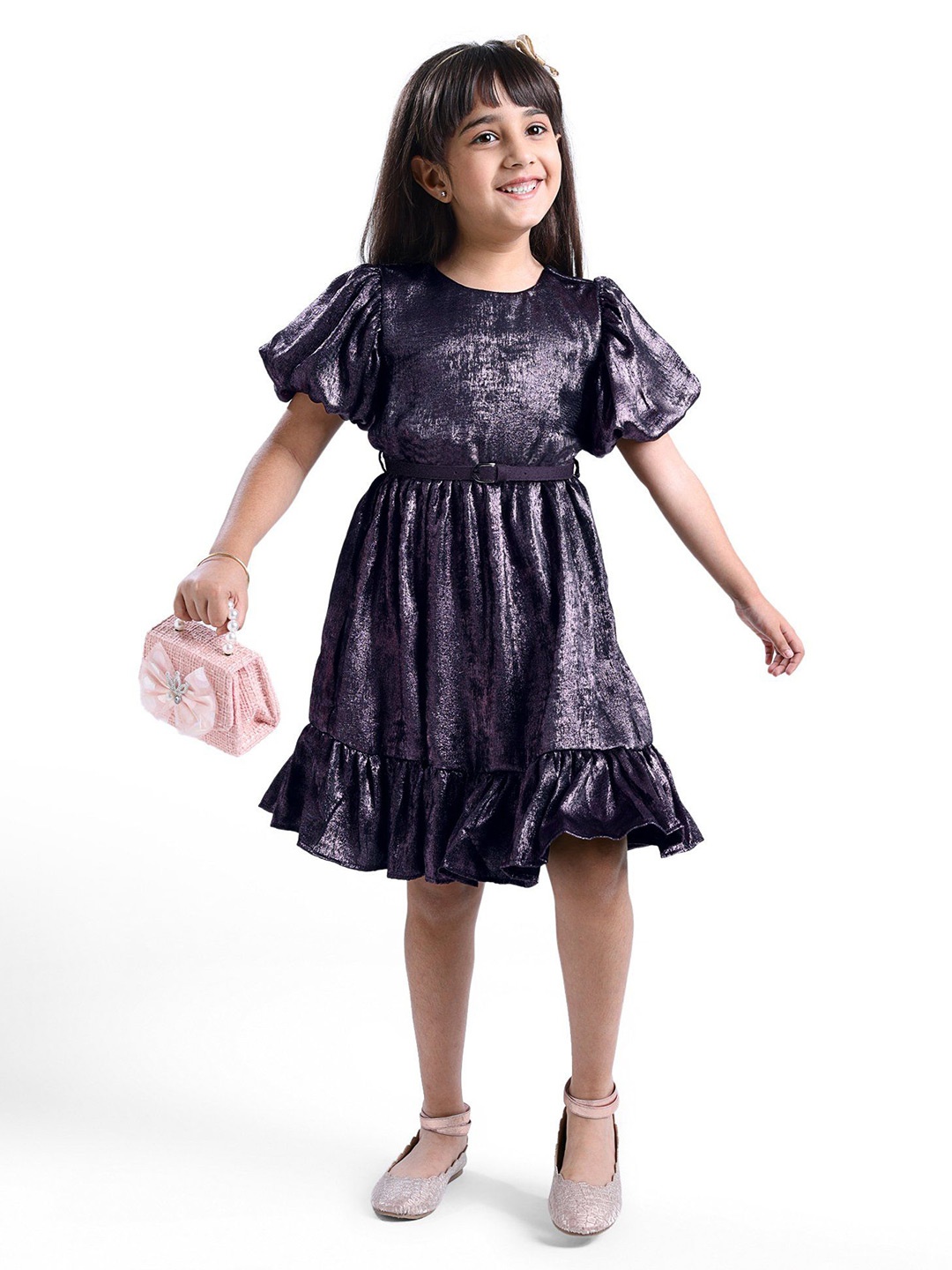 

Hola Bonita Girls Flared Sleeve Fit & Flare Dress, Metallic