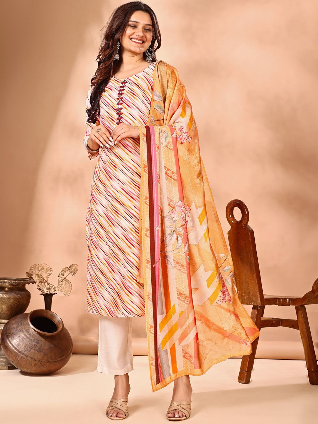 

JIVORA Striped Printed Sequinned Kurta with Trouser & Dupatta, Cream