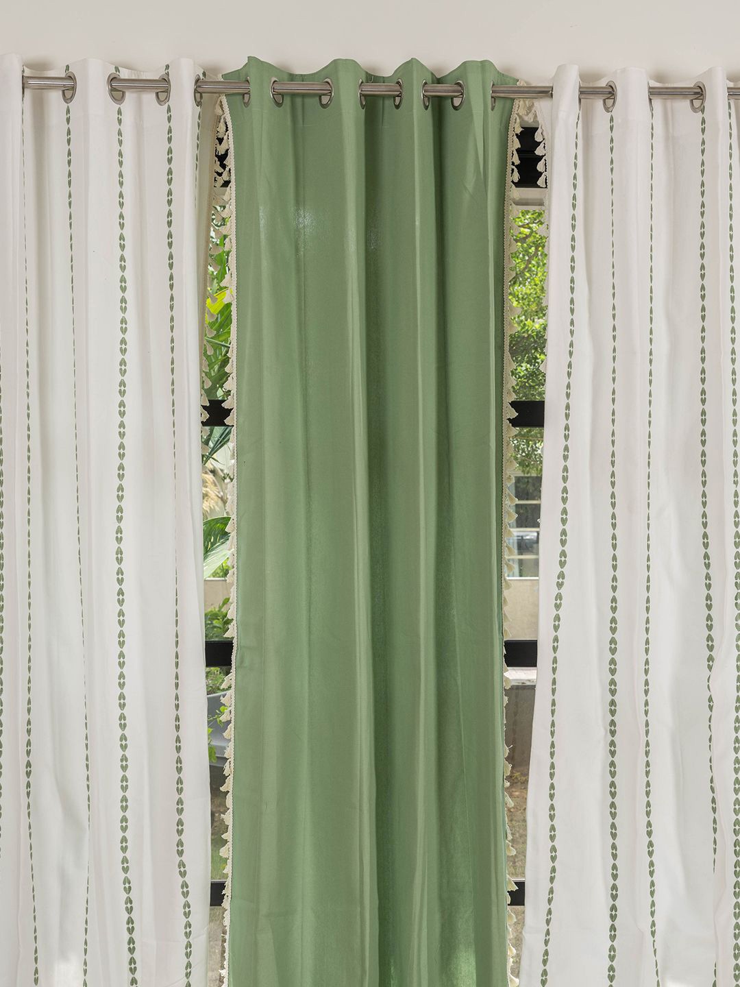 

URBAN SPACE Green & White 3 Pieces Cotton Embroidered Long Door Curtains