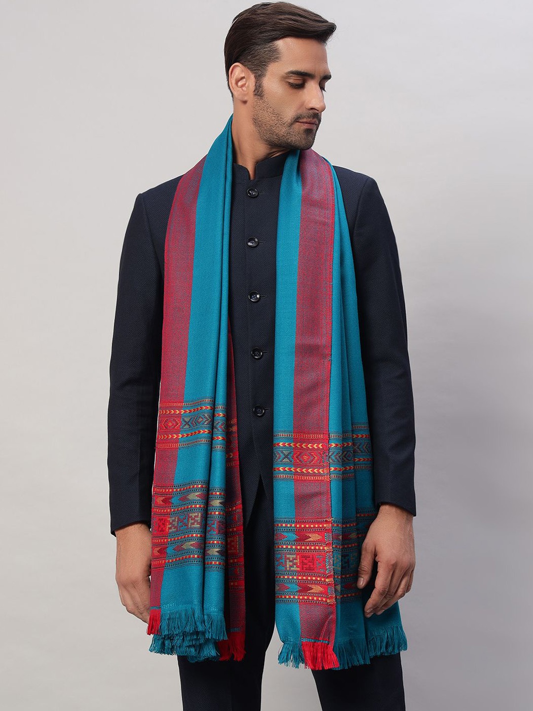 

HANDICRAFT PALACE Geometric Woven Design Woollen Shawl, Blue