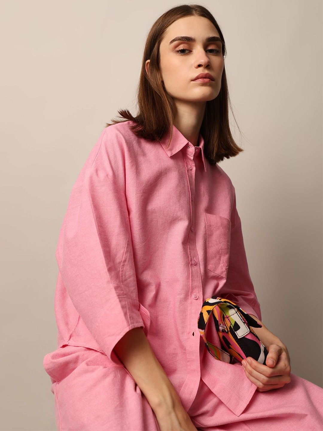 

ONLY Women Spread Collar Solid Cotton Casual Shirt, Pink
