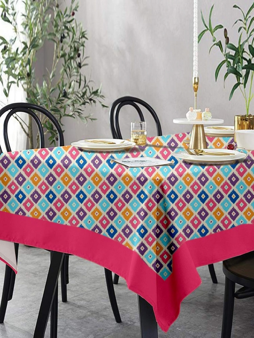 

Lushomes Blue & Pink Geometric Printed Pure Cotton 8-Seater Table Cover