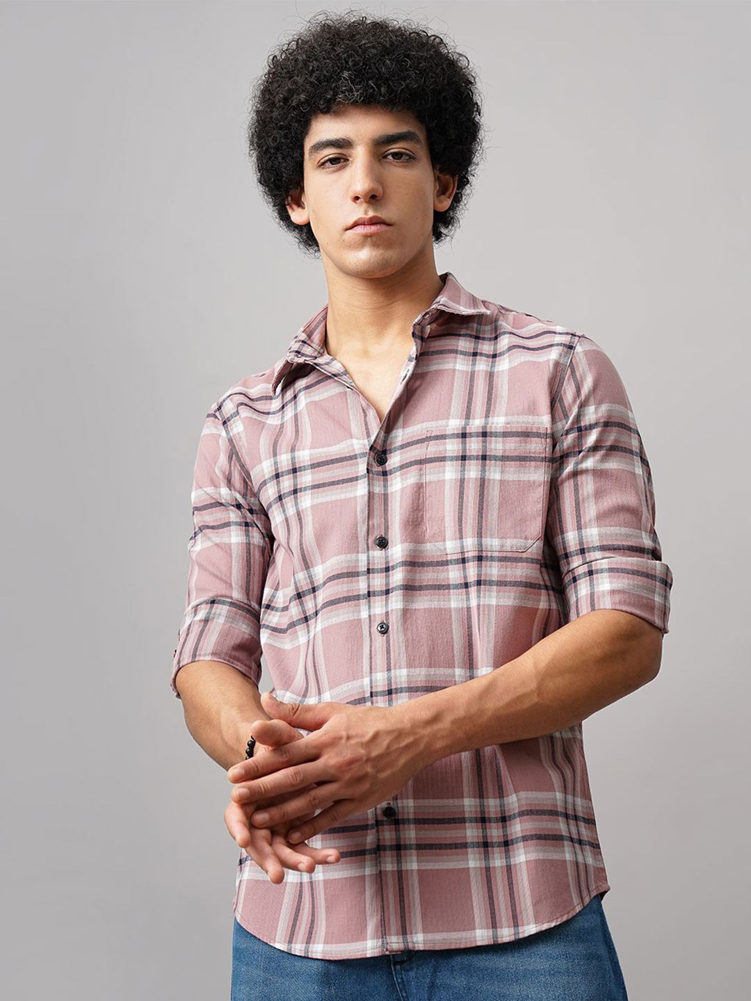 

British Club Men Classic Spread Collar Tartan Checked Cotton Slim Fit Casual Shirt, Mauve