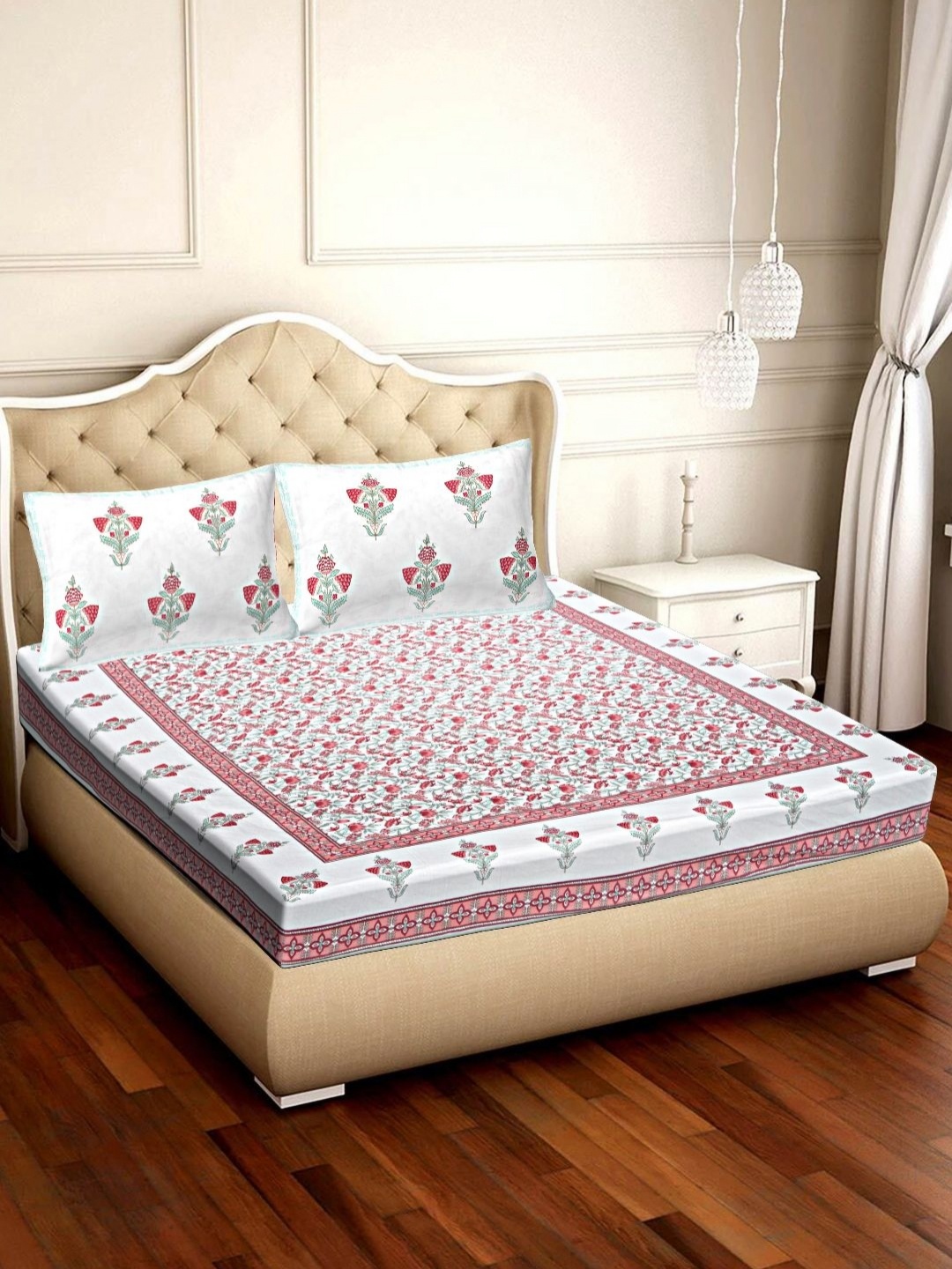 

VANI E White & Pink Floral Cotton 240 TC Double King Bedsheet Set-2.54 m x 2.74 m