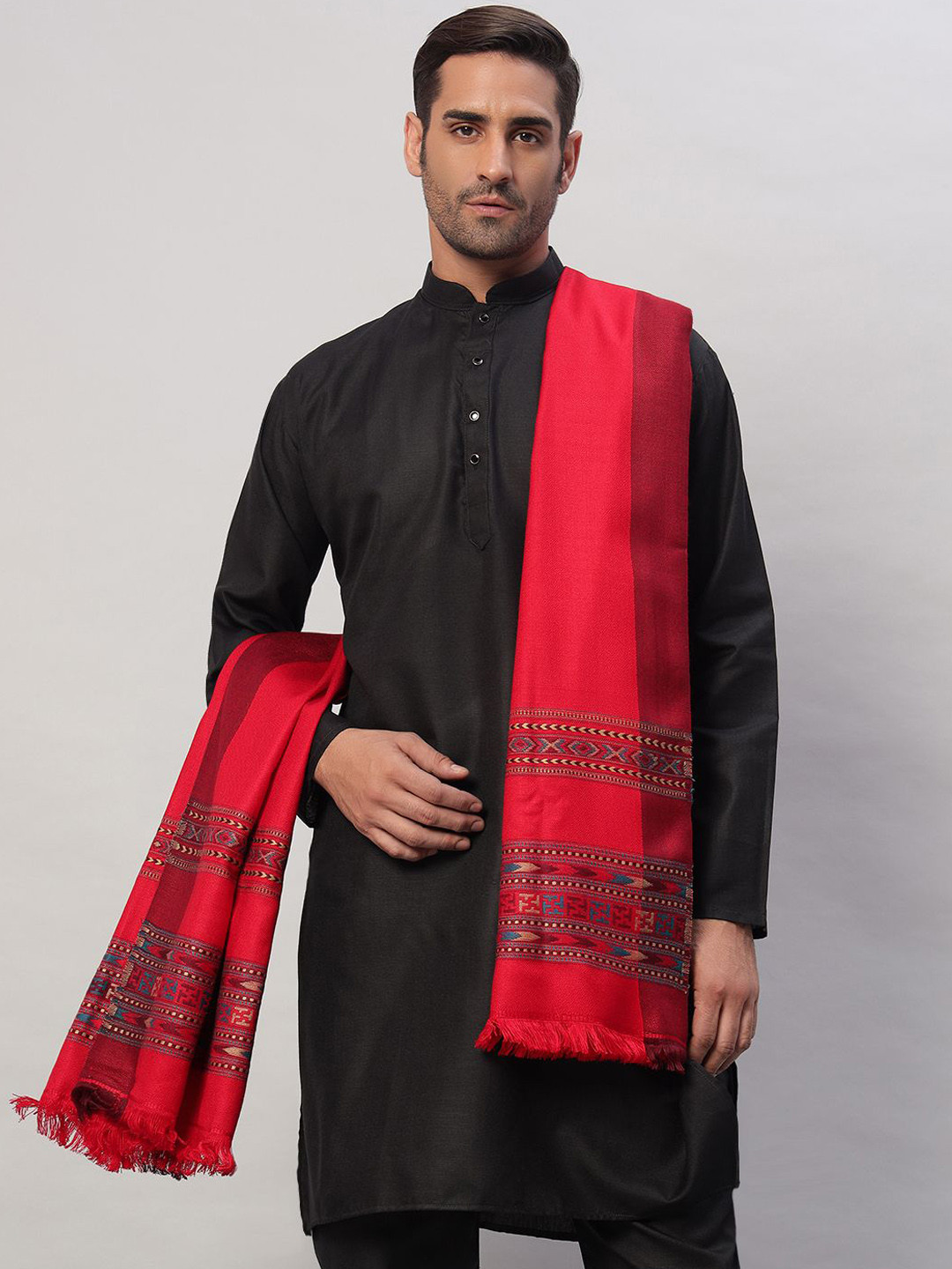 

HANDICRAFT PALACE Geometric Woven Design Woollen Shawl, Red