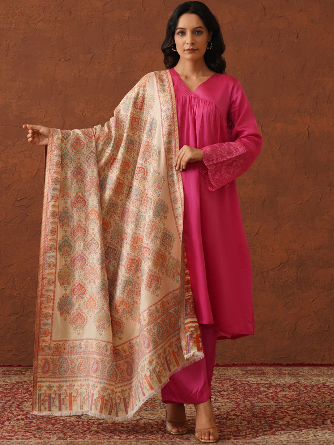 

INCHING INDIA Ethnic Motifs Woven Design Pure Woollen Shawl, Cream