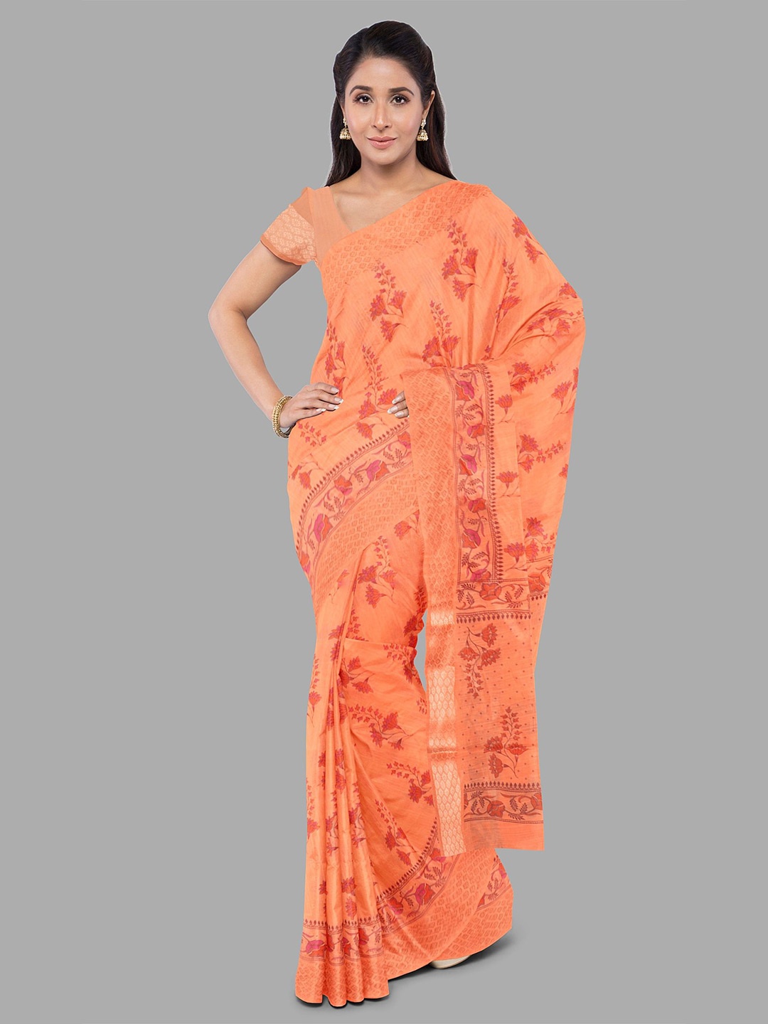 

The Chennai Silks Floral Printed Zari Kota Saree, Orange