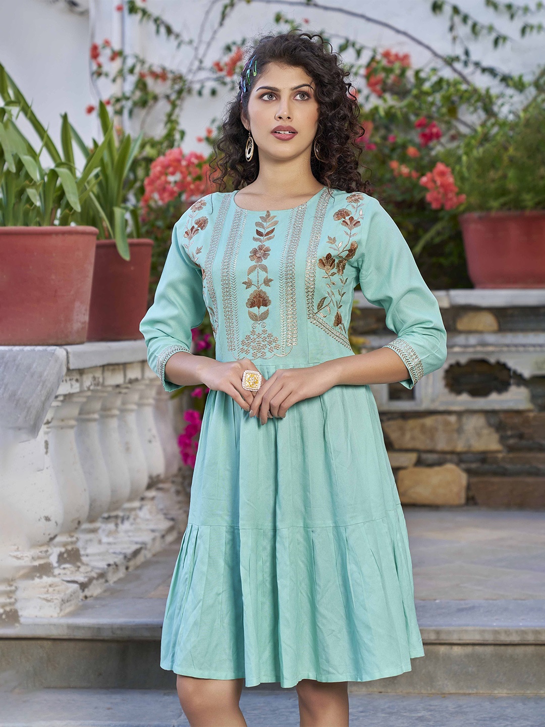 

Flossy Women Floral Embroidered Fit & Flare Dress, Sea green