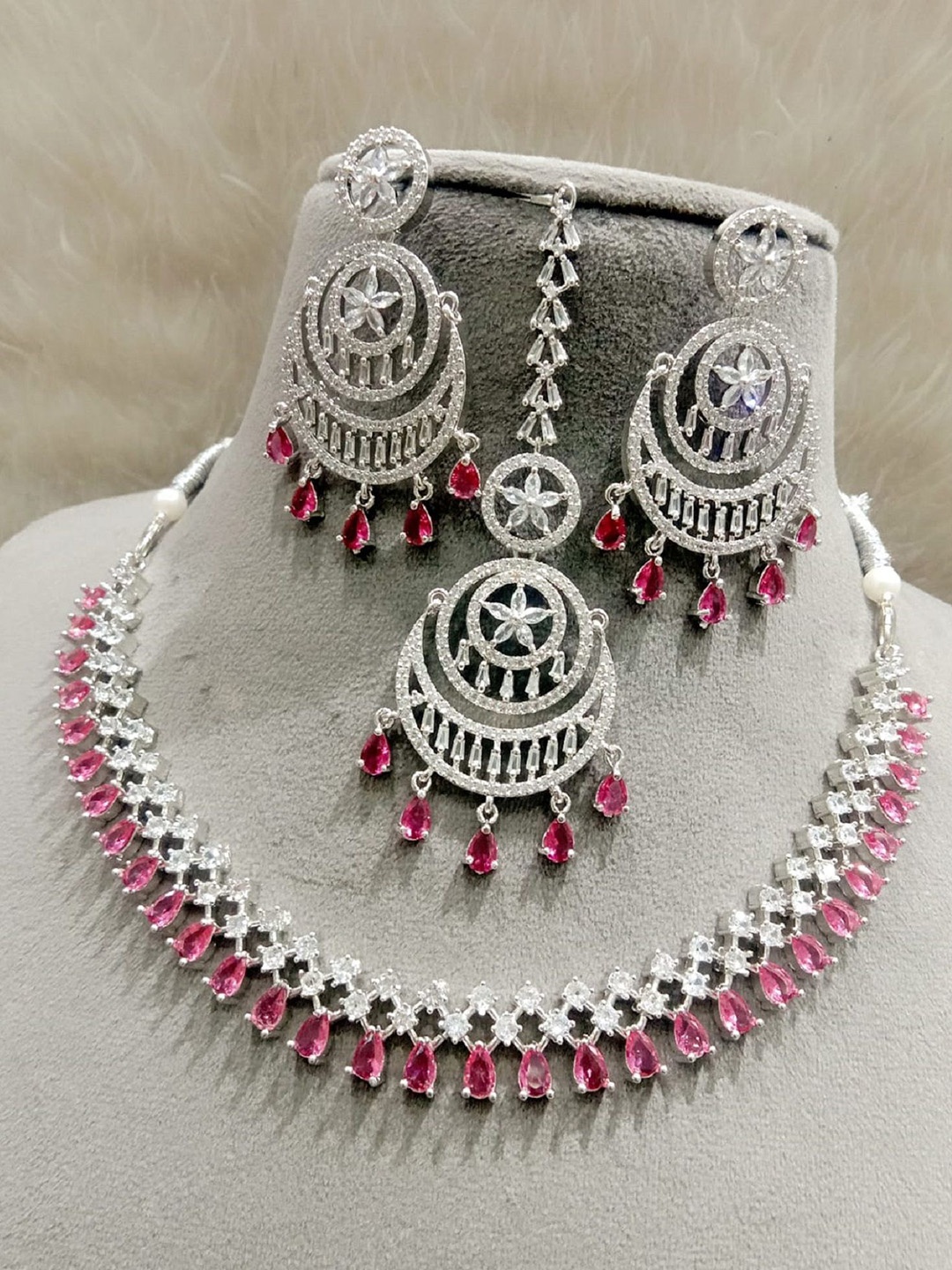 

Ladymania Silver-Plated American Diamond Stone-Studded Oxidised Jewellery Set