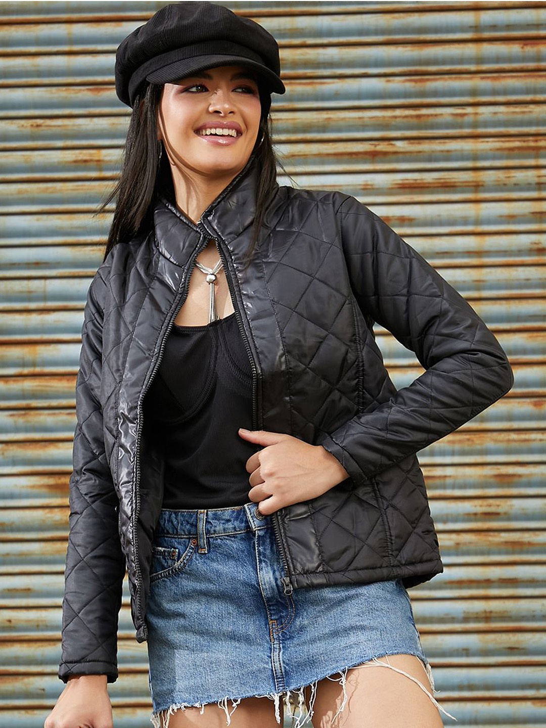 

Campus Sutra Women Mock Collar Solid Casual Quilted Jacket, Black