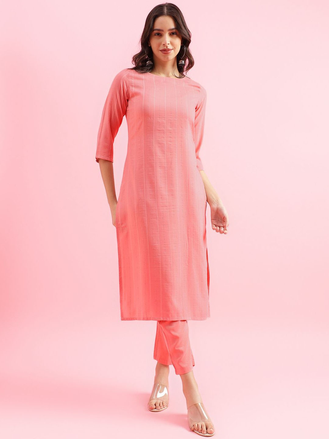 

KALINI Striped Printed Three Quarter Sleeves Sequined Straight Kurta With Trousers, Pink
