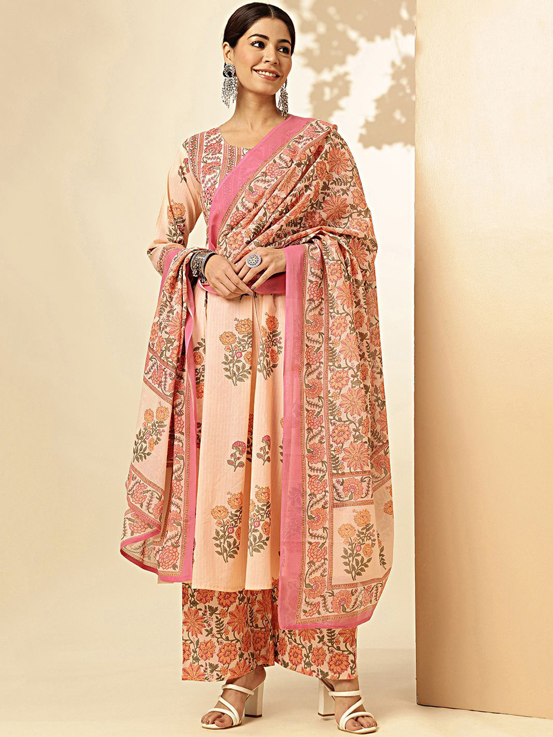 

Vbuyz Floral Printed Sequinned Pure Cotton Straight Kurta with Palazzos & Dupatta, Beige