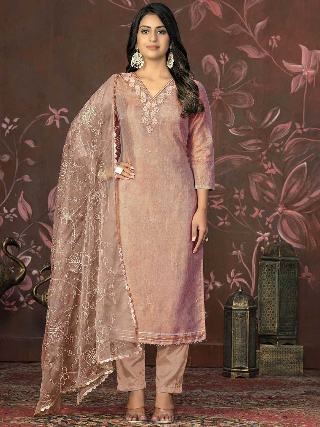 

Maroosh Floral Embroidered Beads & Stones Organza Unstitched Dress Material, Peach
