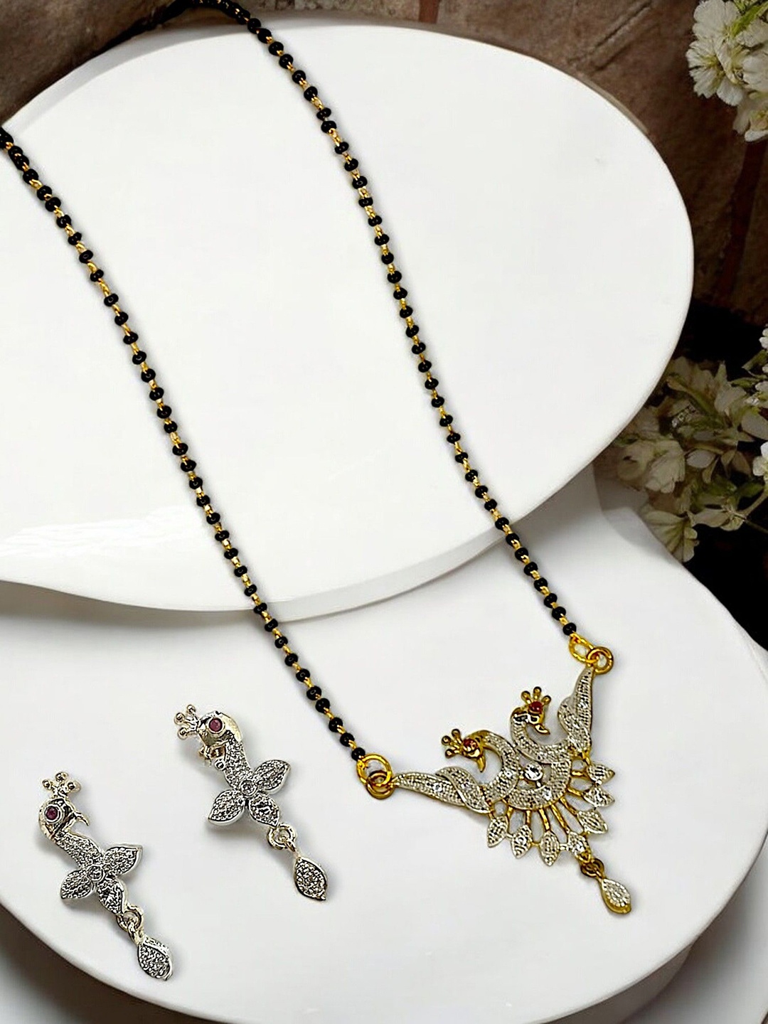 

9blings Gold-Plated American Diamond Studded And Beaded Mangalsutra With Earring