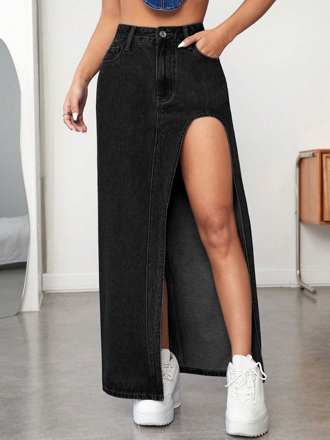 

AAHWAN Women Straight Maxi Slit Denim Skirt, Black