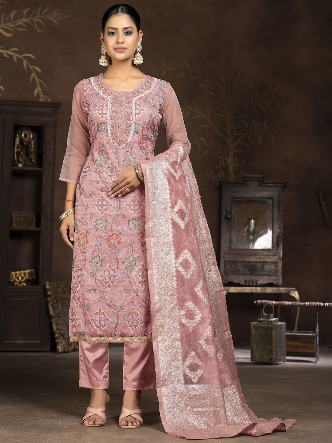 

Maroosh Floral Embroidered Beads and Stones Organza Unstitched Dress Material, Pink