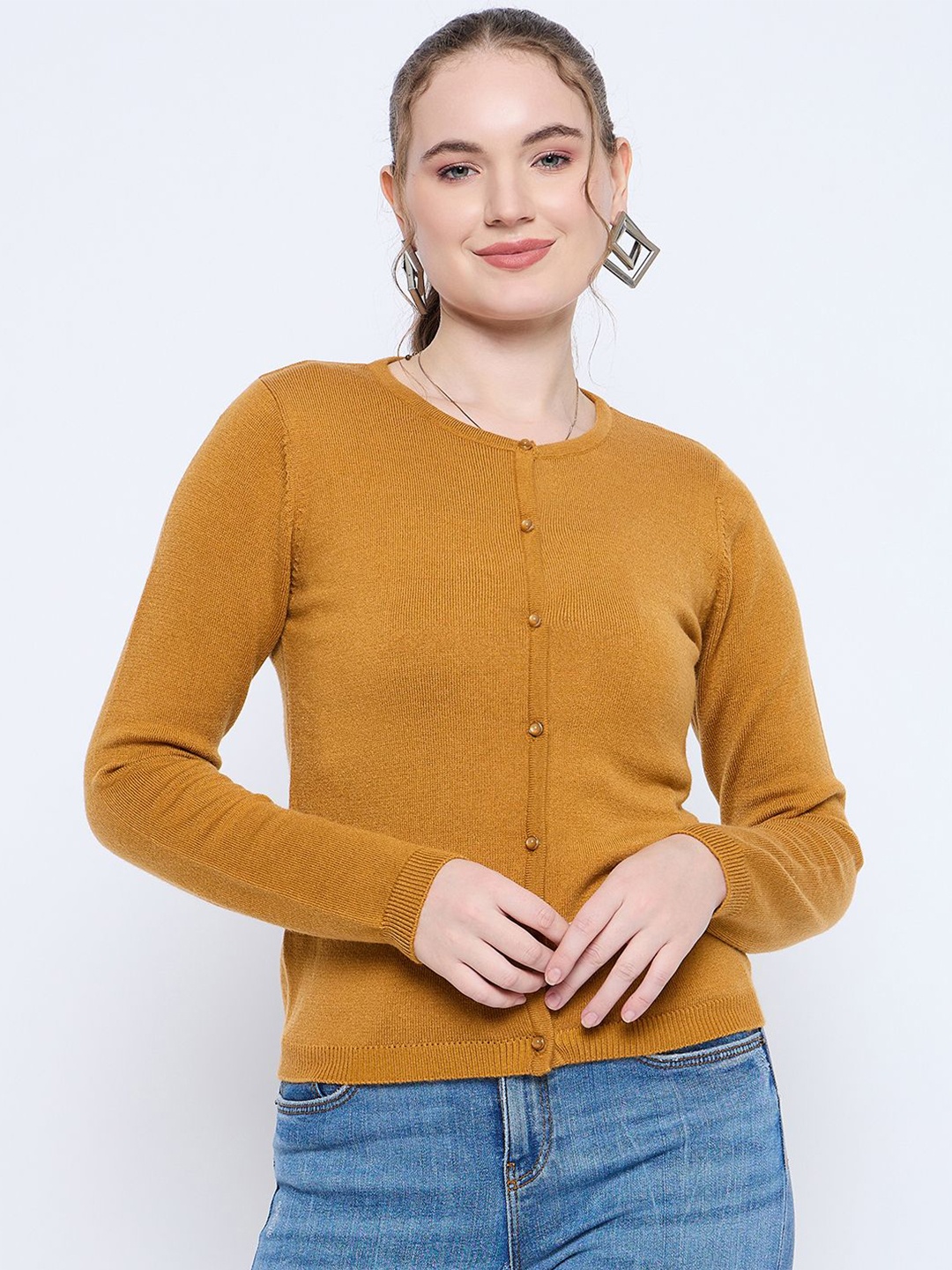 

Madame Women Round Neck Cardigan Sweaters, Mustard
