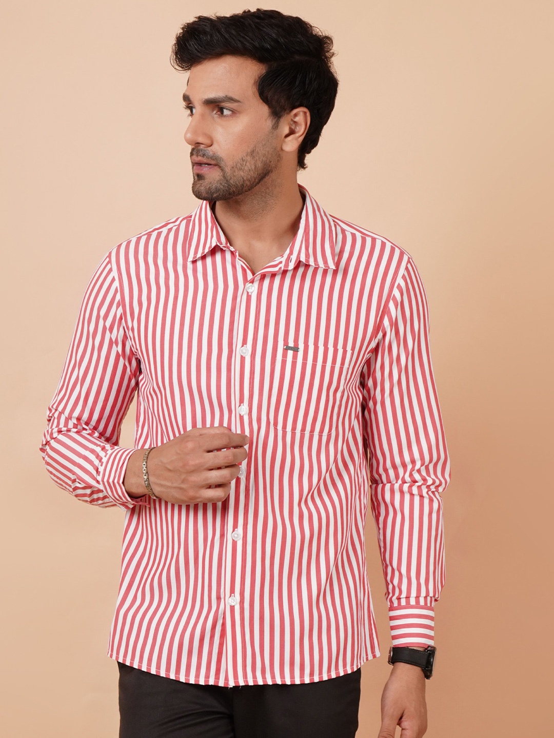 

NUEVOSDAMAS Men Smart Spread Collar Vertical Striped Cotton Casual Shirt, Pink