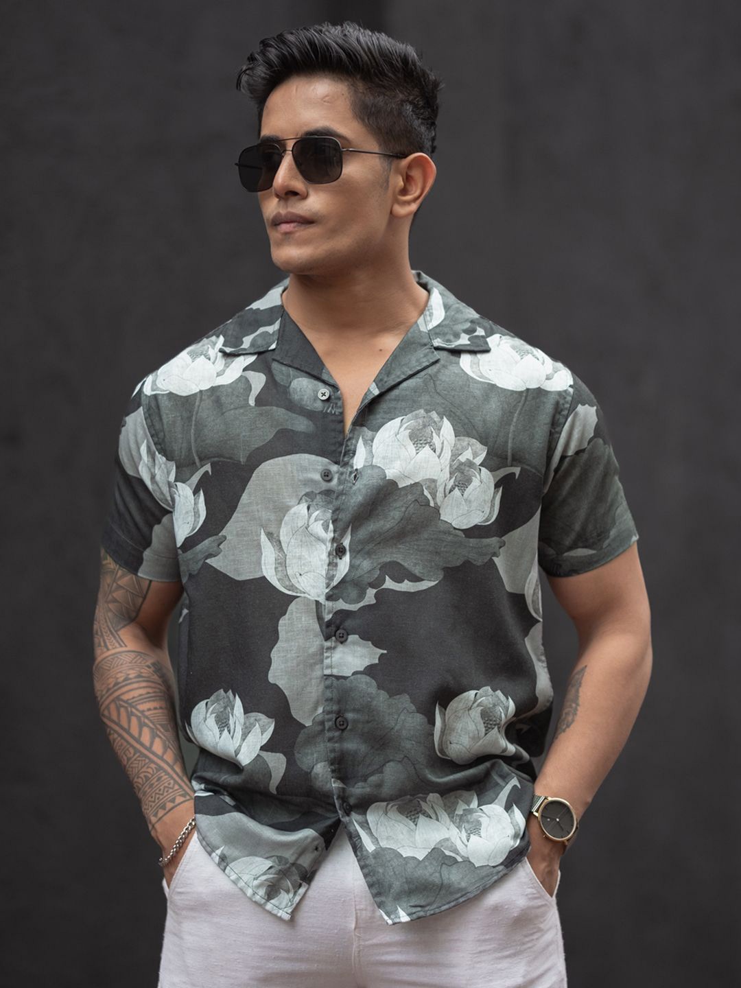 

Powerlook Men Cuban Collar Floral Printed Casual Shirt, Olive