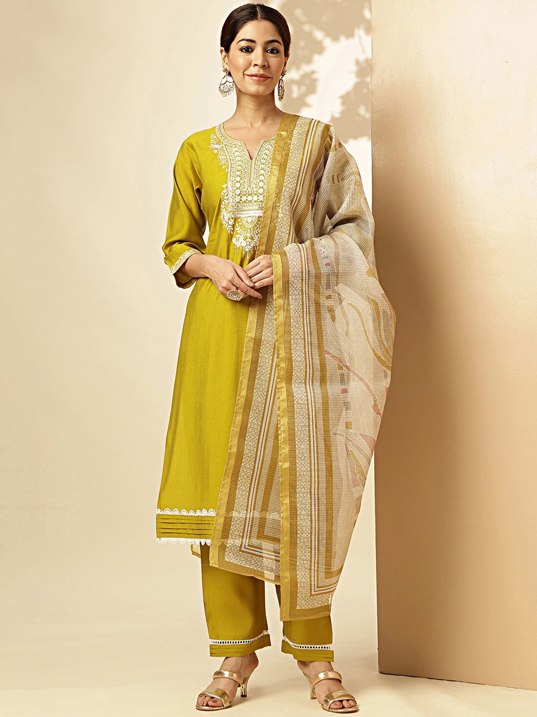 

Vbuyz Floral Embroidered Pure Cotton Straight Kurta with Trousers & Dupatta, Yellow