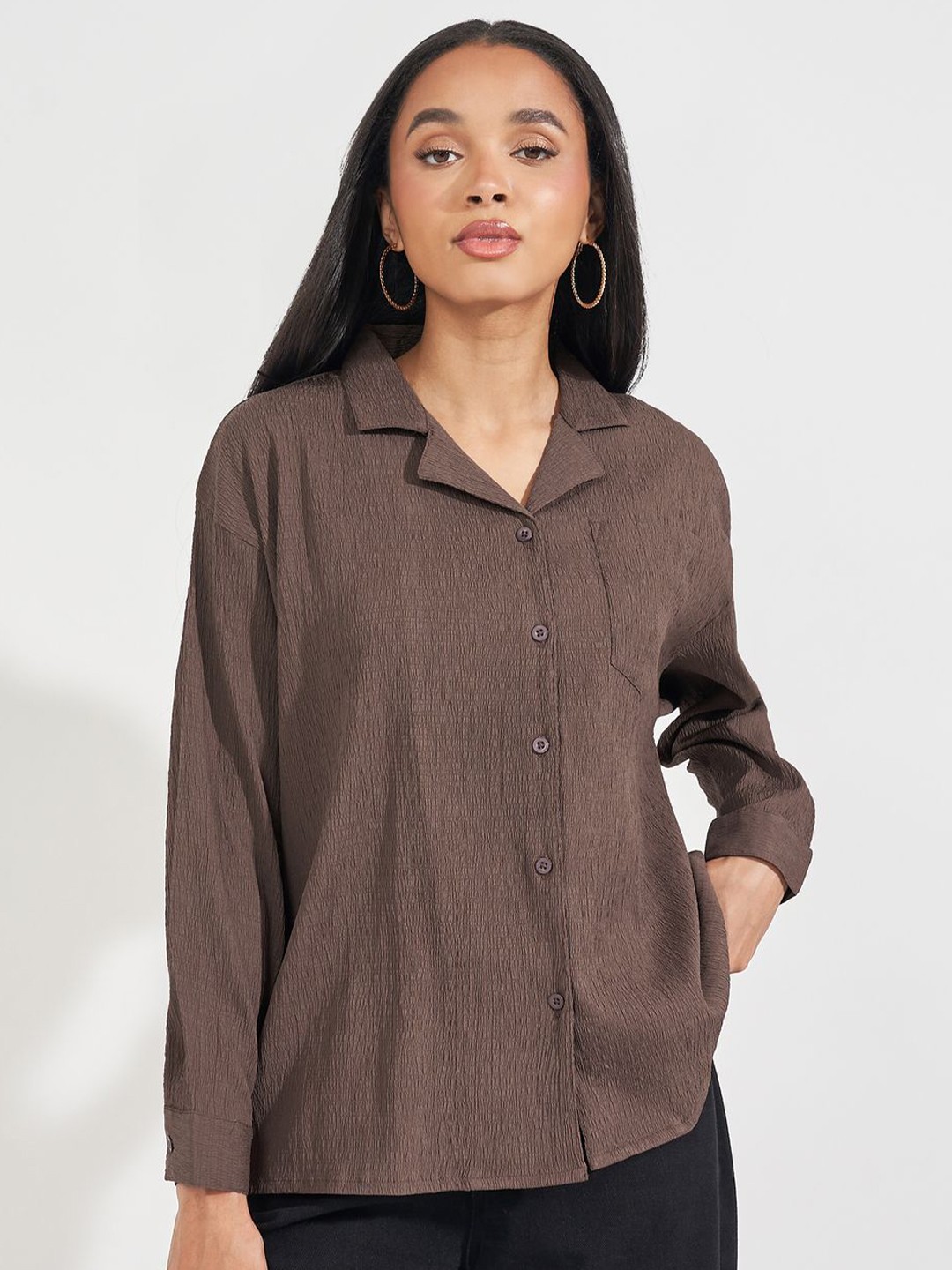 

Styli Women Cuban Collar Textured Oversized Casual Shirt, Brown