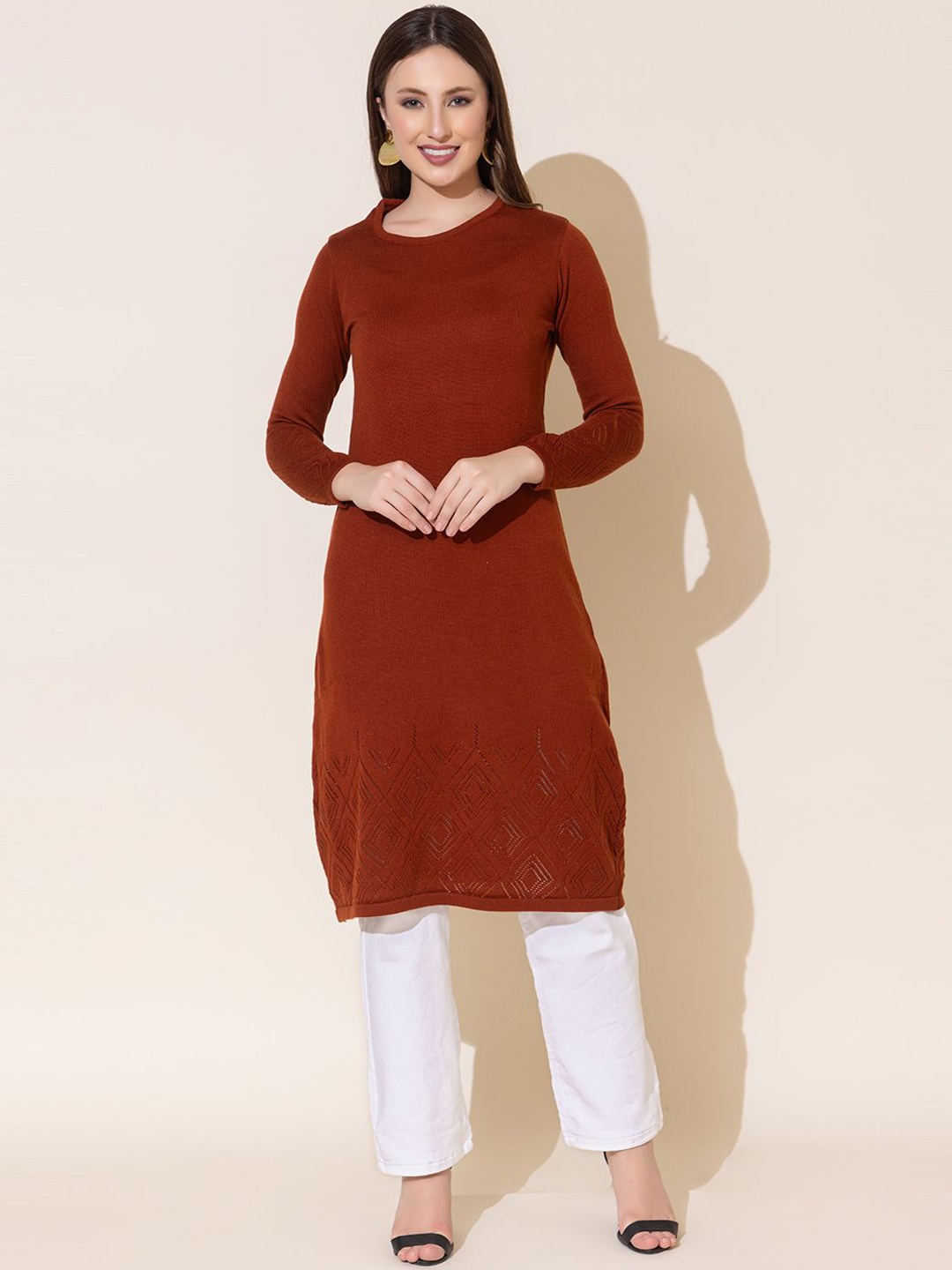 

Anouk Rust Geometric Woven Design Round Neck Jacquard Straight Kurta