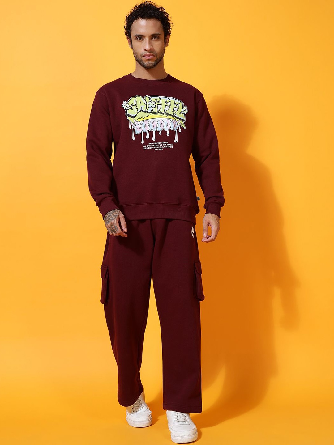 

GRIFFEL Men Typography Printed Round Neck Winter Tracksuits, Maroon