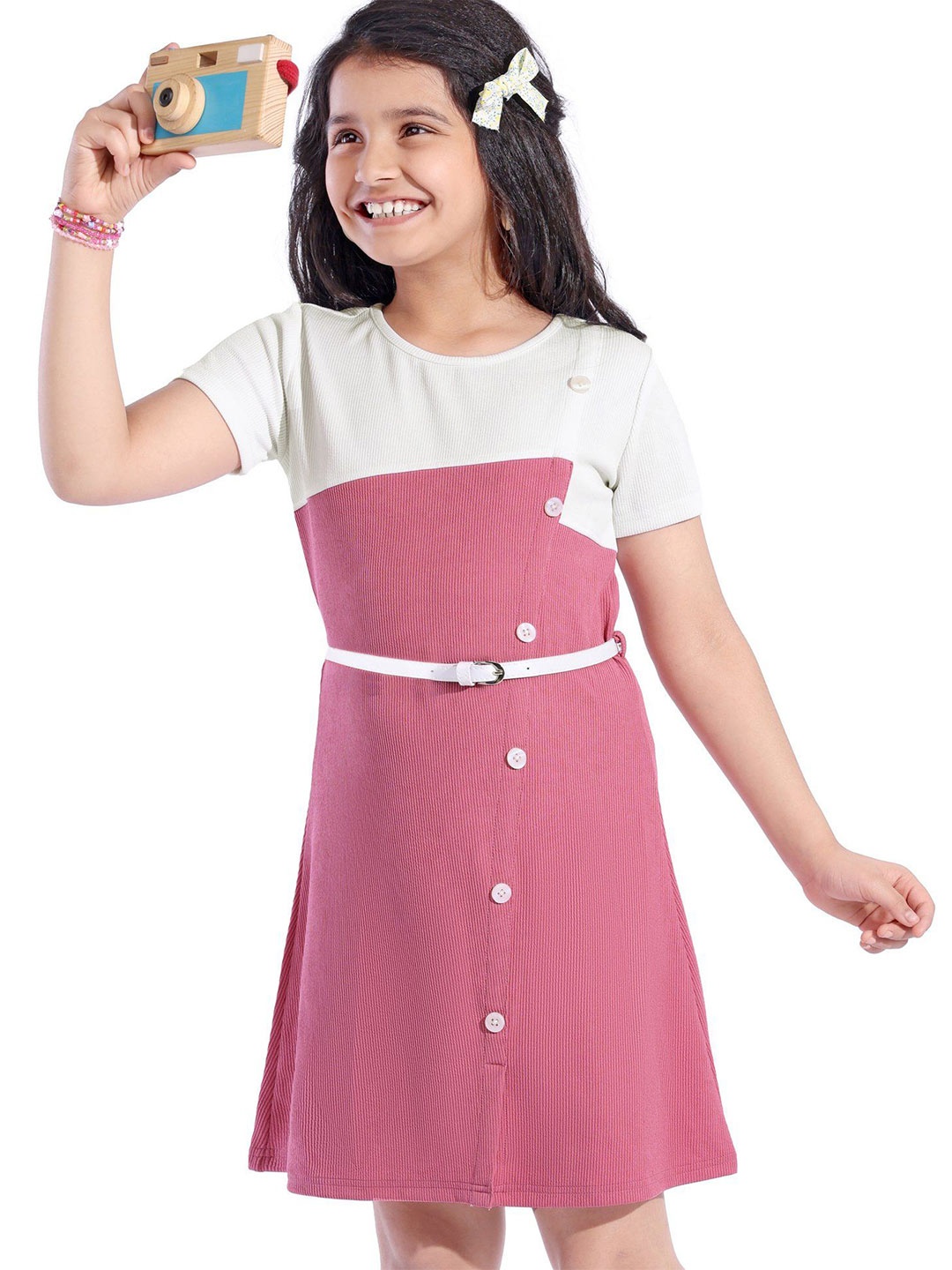 

Hola Bonita Girl Half Sleeves Knee Length Cut & Sew Dress, Pink