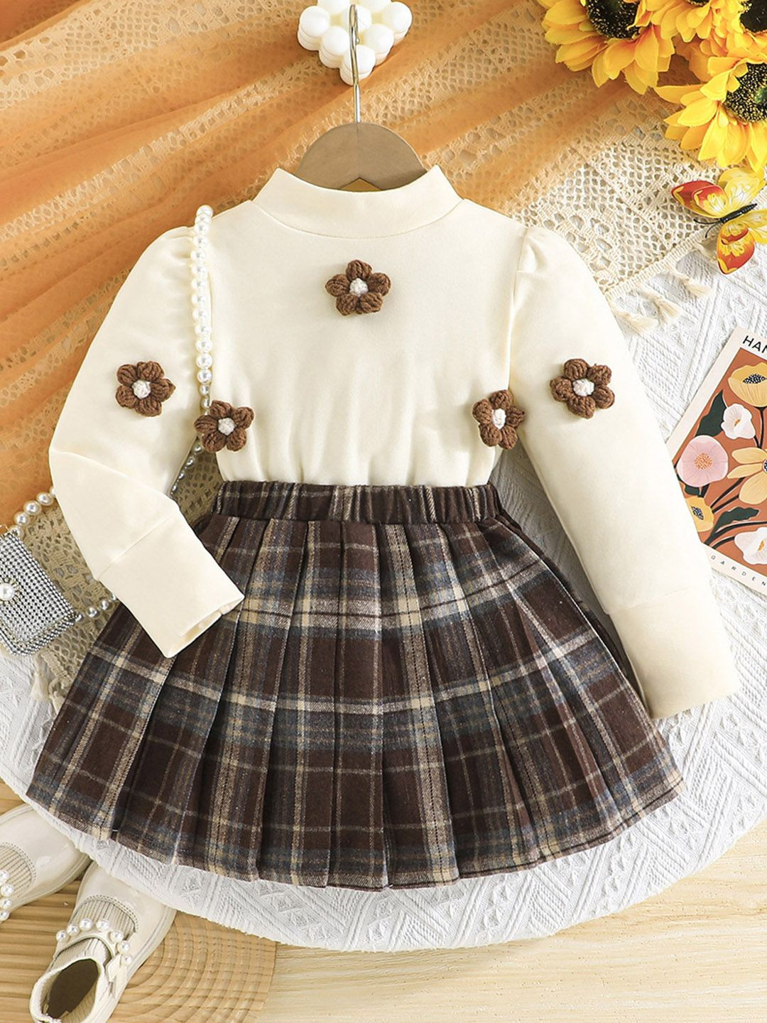 

INCLUD Girls High Neck Embroidered Top with Skirt, Beige