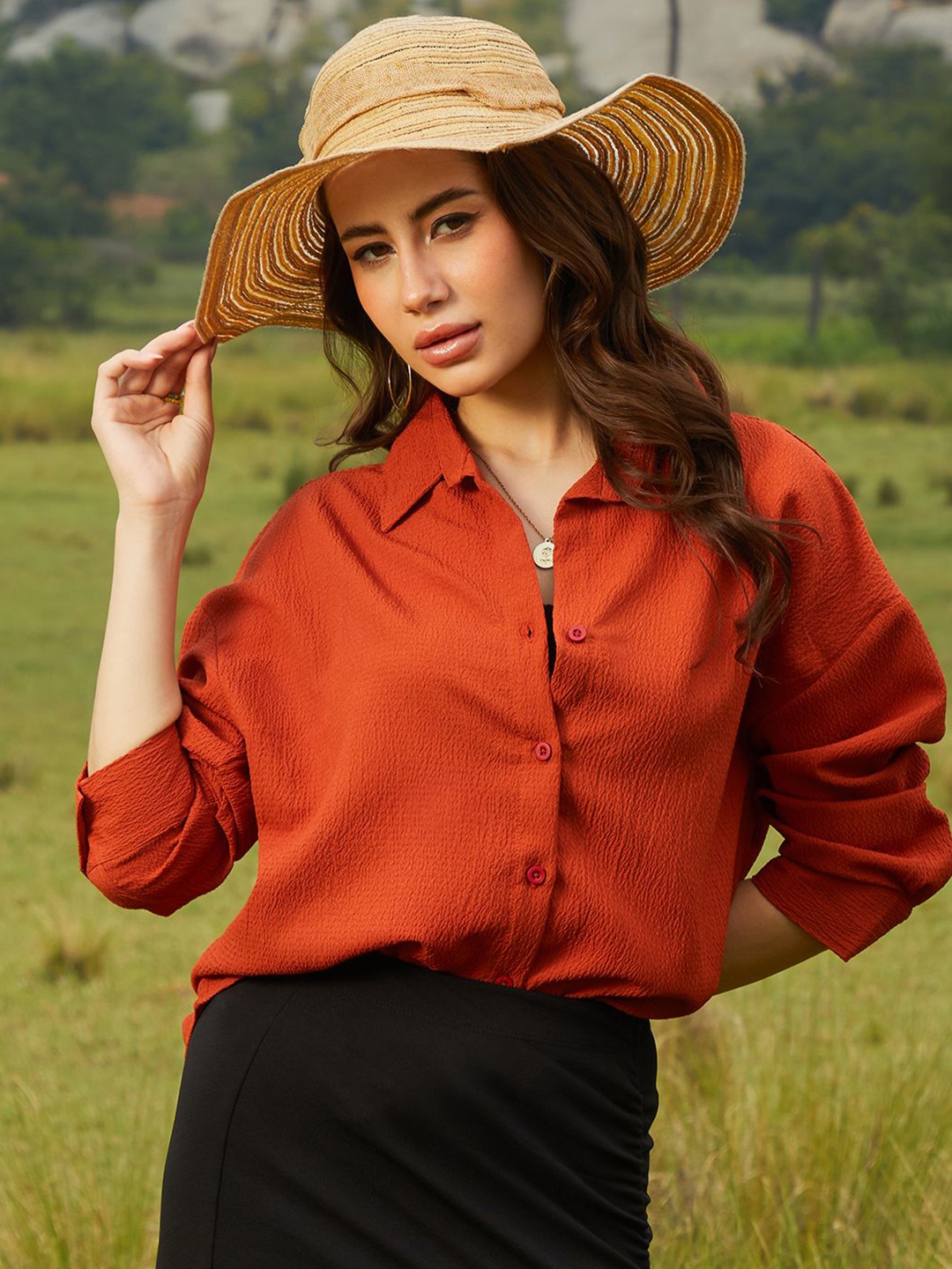 

Campus Sutra Women Comfort Spread Collar Textured Oversized Casual Shirt, Orange