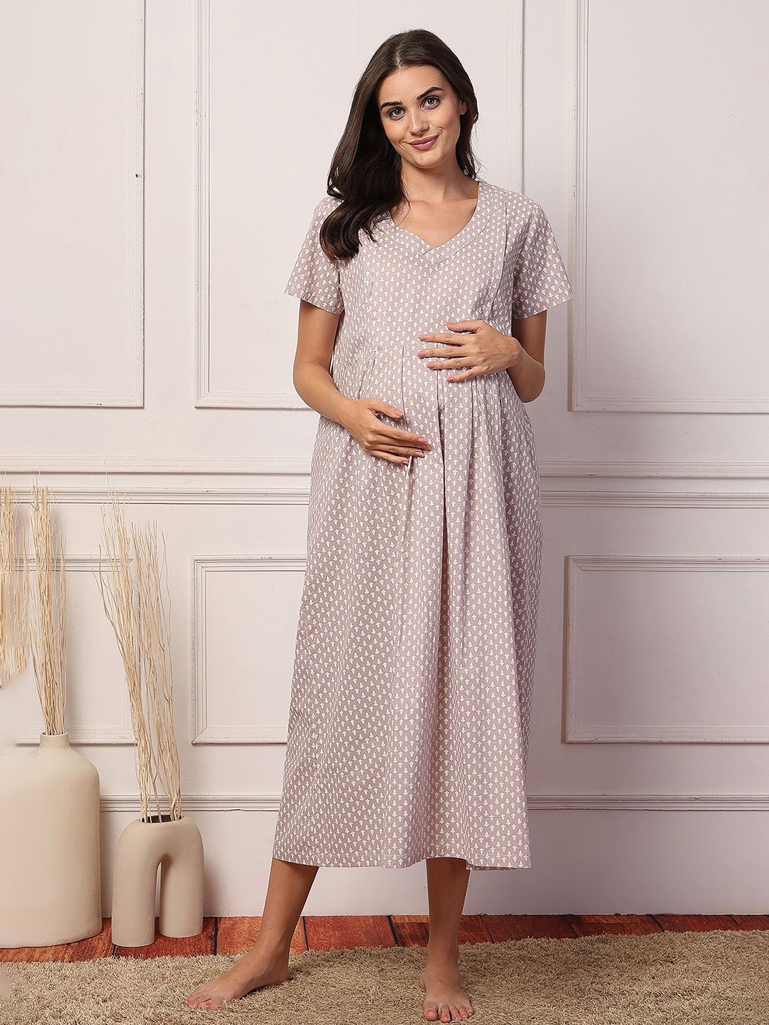 

House Of Zelena Women Printed Maxi Pure Cotton Maternity Nightdress, Pink