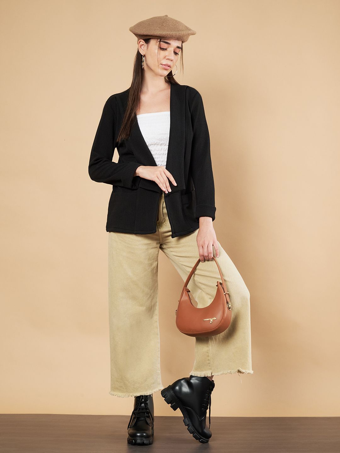 

Fbella Self Design Shawl Collar Open Front Jacket Shrug, Black