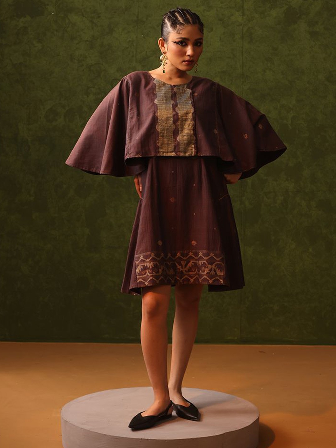 

Bhomra Women Self Design Cotton Round Neck Cape Sleeves A-line Dress, Brown