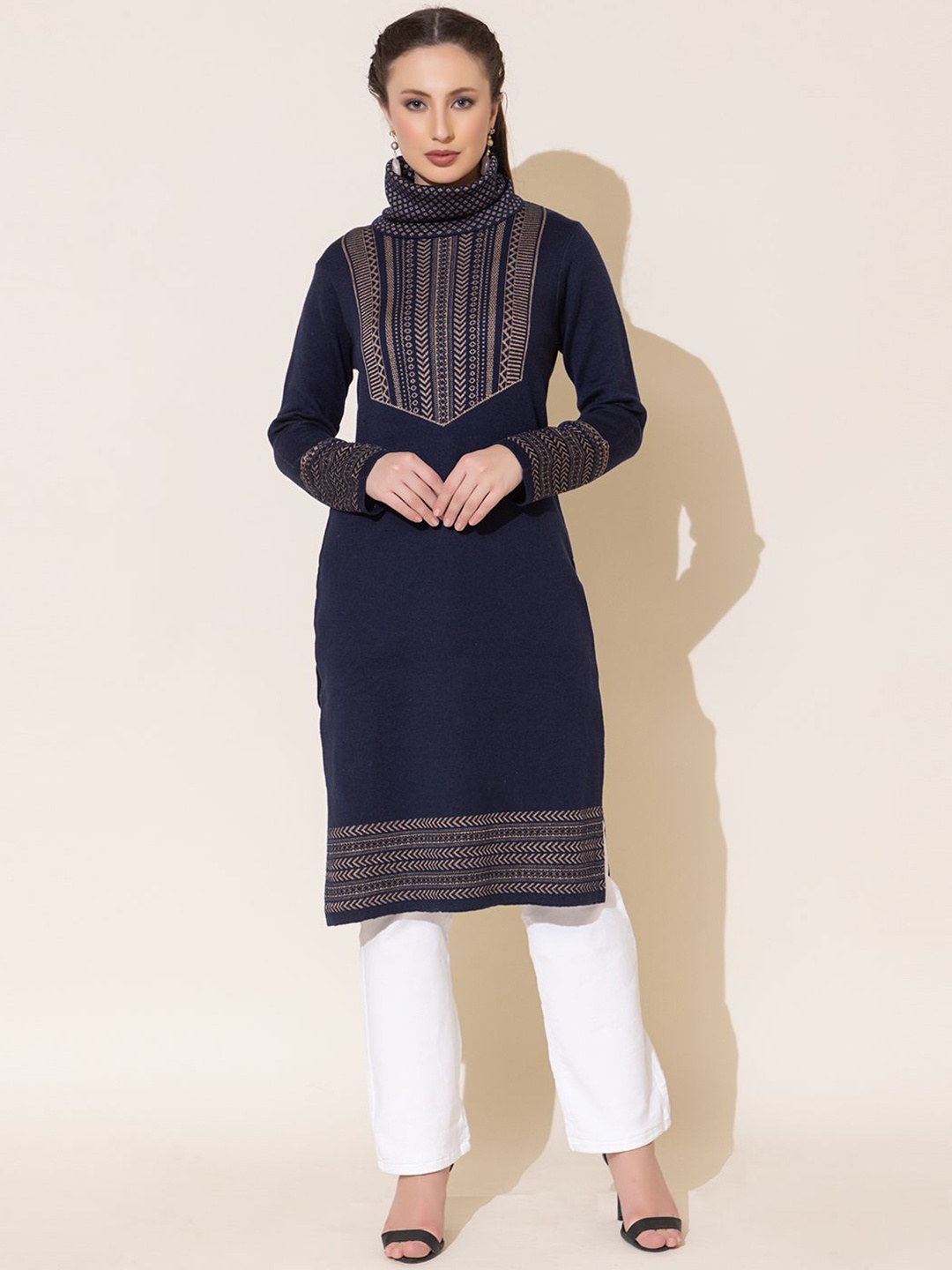 

Anouk Navy Blue Geometric Woven Design High Neck Jacquard Straight Kurta
