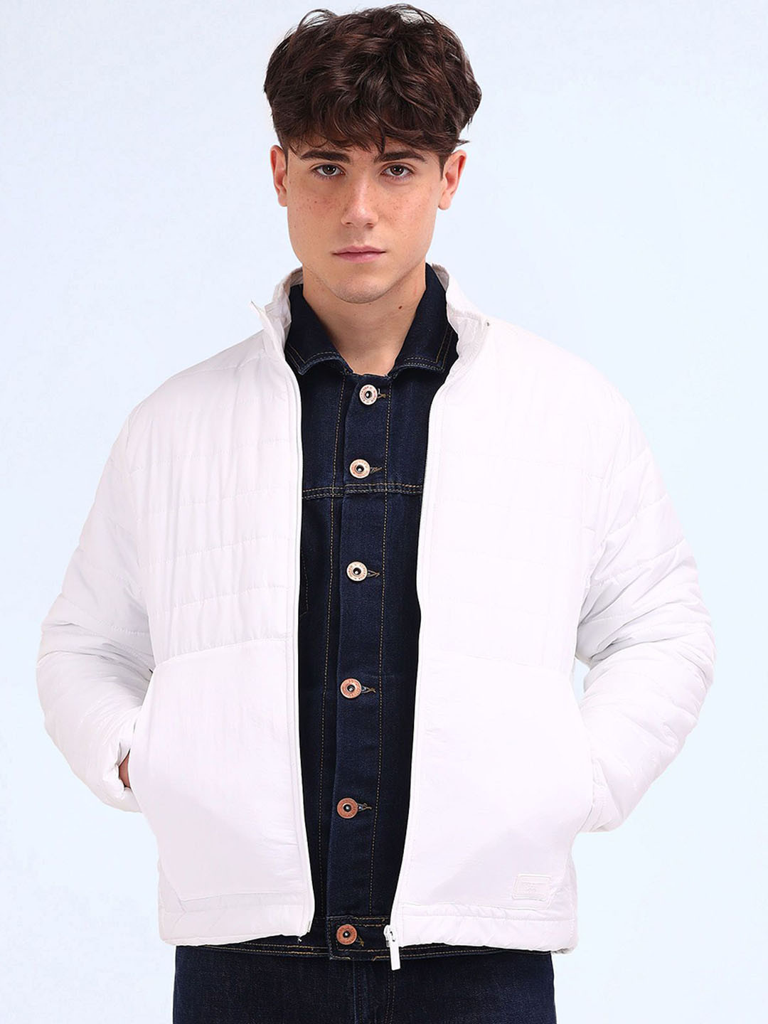 

Flying Machine Men Mock Collar Solid Casual Padded Jacket, White