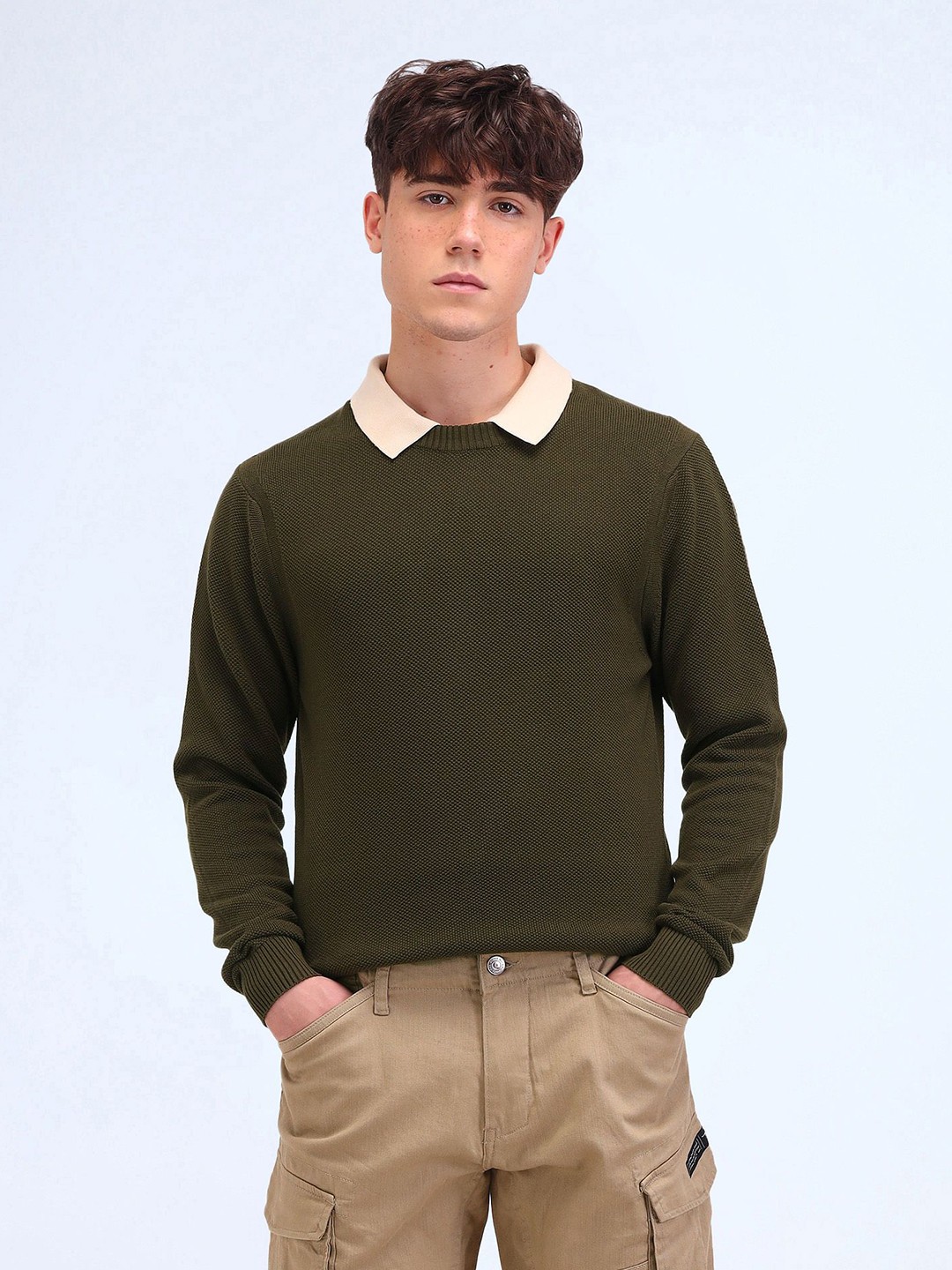 

Flying Machine Men Ribbed Cotton Winter Pullover, Green