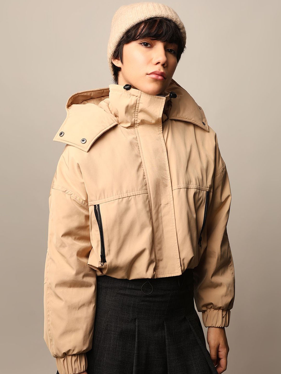 

ONLY Women Hooded Solid Casual Sporty Jacket, Beige