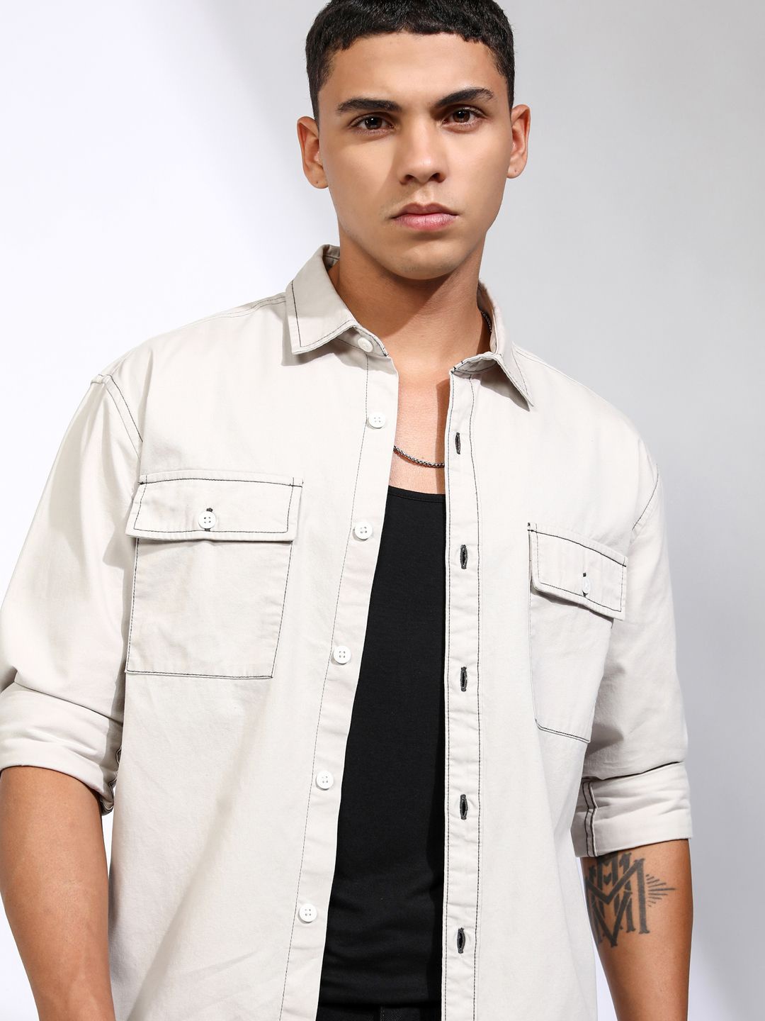 

Highlander Men Contrast Stitched Utlity Pocket Relaxed Shirt, Beige